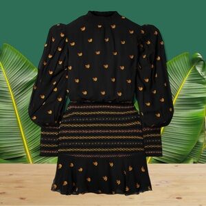 Farm Rio | Long Sleeve Crepe Smocked Mini Dress | Embroidery & Beads | XL